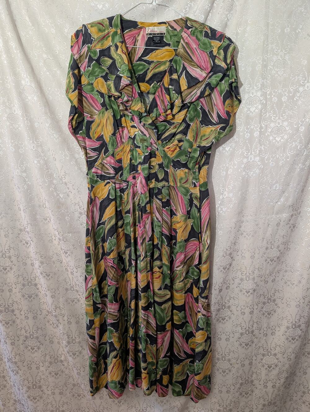 Vintage Diane Marcic Tropical Leaf Ruffle V-Neck Midi Size 14